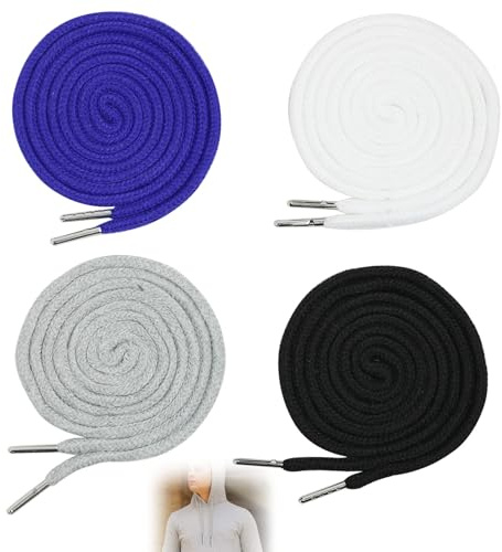 Yerozhui 4 Stück Kordel für Jogginghose und Hoodie, Universal Baumwollkordeln 140 cm mit Metallenden, Ersatz-Schnüre in Weiß, Grau, Schwarz, Dunkelblau für Sportbekleidung, Sweatshirts und Jacken