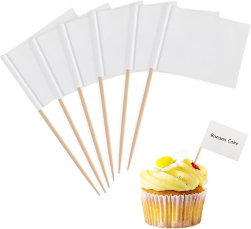 FEZTGVOFA 100 Pcs White Plastic Food Labels for Buffet, Toothpick Food Flags, Cheeseplate & Cupcake Toppers, Charcuterie Labels, Fruit Salad & Cocktail Sticks, DIY Stick Flags (White)