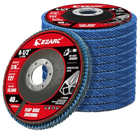 EZARC Zirconia Flap Discs 40 Grit, 115 mm, Type 27 Flat, 10 Pack | Zirconia, long life. Flat Type 27. Safe up to 13,300 RPM. For stainless steel and sheet metal, flat grinding and deburring