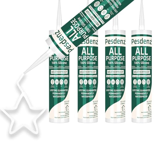 White Universal Silicone Caulk, 100% Silicone Sealant Outdoor Waterproof, Flexible Cartridge Adhesive Caulking for Aquarium RV Roof Window Door Kitchen Bathroom Bathtub Shower Seal, 10.1 Oz, 4 Pack