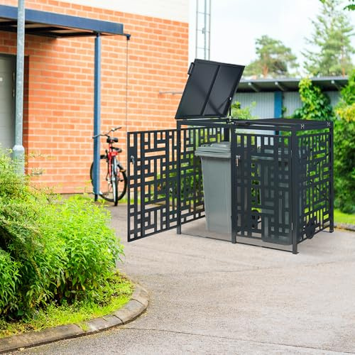casa.pro Box Copribidoni in Acciaio Zincato Porte con Serratura e Coperchi a Ribalta Deposito per 2 Bidoni di Spazzatura da 240L Gabbia Traforata 116x132x80 cm Antracite