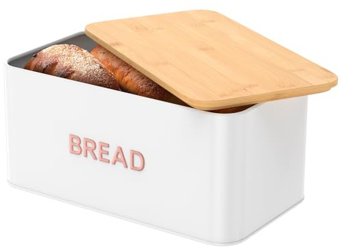 NIHUIFDPY Bread Bin, Metal Bread Box with Wooden Lid for Cutting Breads Board, 33.5x19x15cm Extra Large Breads Holder Holds Large Loaf for Kitchen Countertop(white)