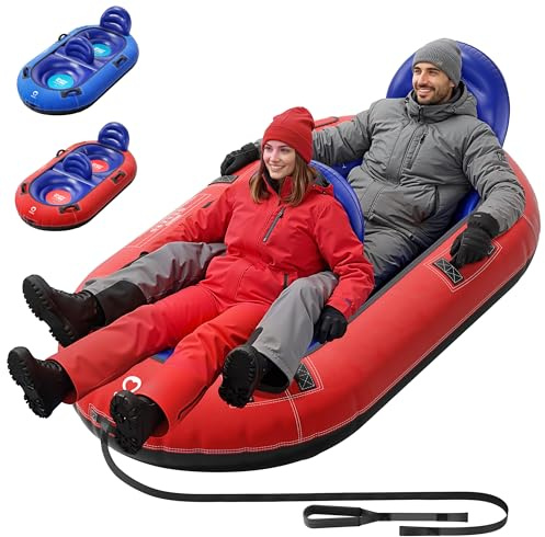 QPAU Tubo de nieve inflable para 2 personas con respaldos dobles y cuerda de remolque, trineo de nieve cubierto de lona resistente con asas, válvulas de aire de inflado rápido, tubos de nieve premium