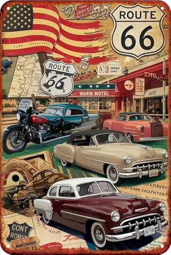 Vintage Racing Metal Sign, Retro Garage Tin Sign, Car Lover Gift,Wall Decor for Man Cave,Cars Room,Bar, Cafes Pubs,Outdoor Patio 8x12 Inches (ROUTE 66)