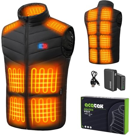 acetek Beheizbare Weste für Herren Damen, Beheizbare Jacke mit 20000mAh QC3.0 Powerbank, 15 Zonen Heizung 3 Temperaturregler, bis zu 11 Stunden Wärme, Weste für Jagd, Wandern, Golf, Skifahren - M