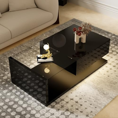 PUGSDRLY Table Basse 105 × 55 × 32,5 cm avec Plateau en Verre Trempé, Table Basse Noir Brillant avec Tiroir et Éclairage LED, Meuble de Rangement pour Salon Moderne (Black)