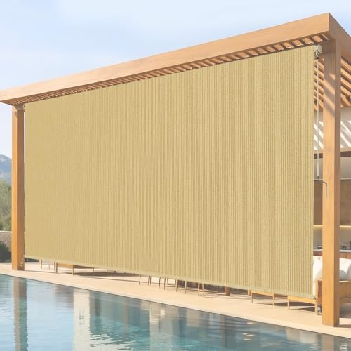 Breezombra 10'W x 8'H Sesame Outdoor Roller Shade with Crank Wand Patio Shades Roll up, Privacy Protection & UV Blocking for Pergola | Gazebo