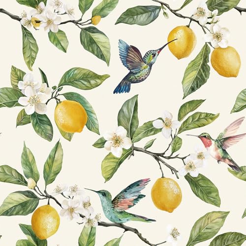 ReWallpaper Papier Peint Beige Motif Fleuri Oiseaux 44.5CMx7M Vintage Revetement Adhesif Meuble Armoire Table Vinyle Citron Beige Papier Peint Autocollant Salle De Bain Imperméable