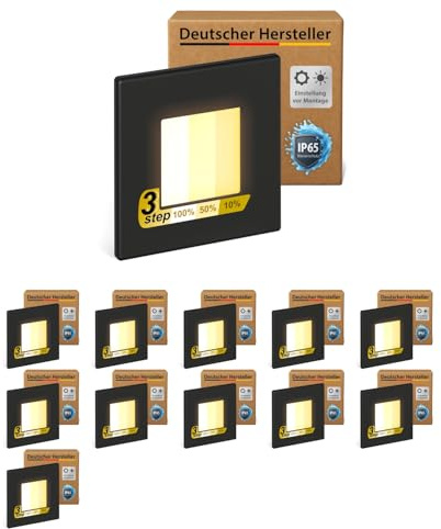 ledscom.de 12x LED Treppenlicht/Wandeinbauleuchte FEMA für innen und außen, eckig, schwarz, 80 x 80mm, warmweiß