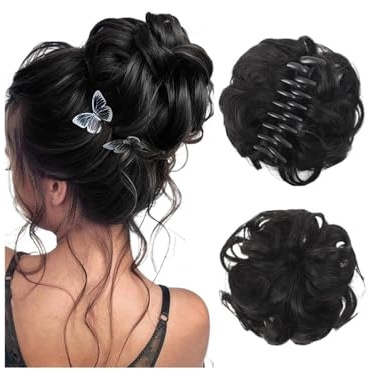 Messy Hair Bun hårdelar för kvinnor klämma i klo syntetisk chignon tousled Updo Wave Curly hårdelar för daglig användning ponytail förlängning (2)
