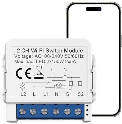 Acmerota Interruptor inteligente con wifi, interruptor de relé inteligente, mini interruptor de luz inteligente de 2 vías, 2 x 5 A, cable neutro, para la automatización del hogar, a través de Alexa