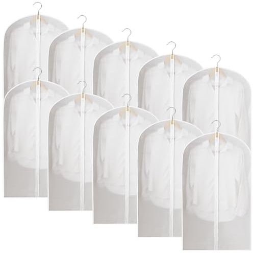 Ogetok 10 PCS Long Garment Covers Translucent Clothes Full Zipper Bags with Zip for Men Women, 60 x 100cm Waterproof Dustproof Suit Protector Bags Dress Covers for Shirts Coats Jackets