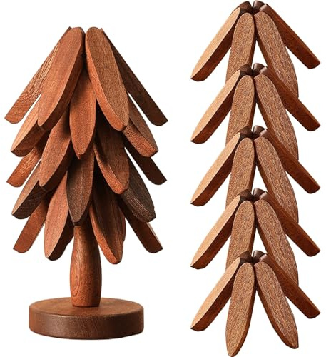 Naturbaum-Untersetzer-Set, 3/4/5 Holzuntersetzer & 1 Ständer in Form eines Weihnachtsbaums, Untersetzer Holz Set, Hitzebeständige rutschfeste Tischsets (Walnussholz + 5 Holzuntersetzer)