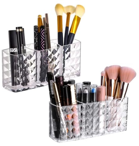 2 Pieces Compartments Crystal Makeup Brush Holder, 18.9x5.1x8.1cm Transparent 3 Slot Acrylic Makeup Brush Organiser, Makeup Organiser Storage for Cosmetics, Office Supplies, Toiletries
