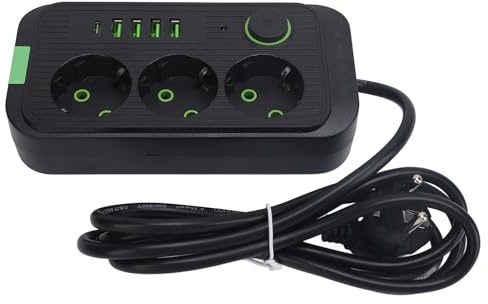 Yctze Multiprise de Voyage Européenne avec 3 Prises, 4 Ports USB, Port de Type C, Câble de 2 M pour Montage Mural et Chargement d'appareils (Black)