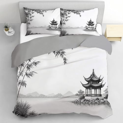 Mountains Pavilions Comforter Set 3 Pieces, Chinese Ink Painting Style Reversible Brushed Duvet Cover with 2 Pillowcases, Soft Comforter Set with Zipper Closure & Corner Ties for Bedroom Bed Decor