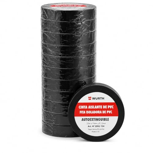 Wuerth Würth Cinta Aislante PVC Profesional 19 mm x 25 m, Pack 12 Rollos, Aislamiento Eléctrico de Alta Adherencia (Negro)