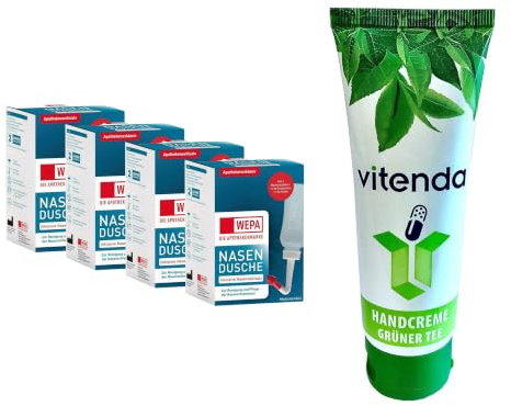 vitenda Set: Nasenspülkanne Nasendusche mit Nasenspülsalz mit WEPA zur Reinigung & Pflege der Nasenschleimhaut, 4x10Stk – inkl. vitenda Handcreme