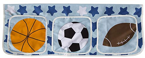 Homestyle4u Betttasche für Hochbett, Baumwolle Kindertasche, Blau | Hängetasche für Kinderbetten mit Klettverschluss, 3 Fächer für Spielzeug und Bücher, 100% Baumwolle mit Sternen und Bällen