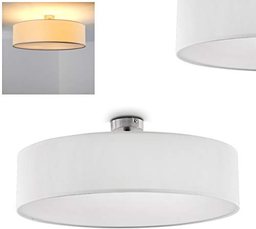HOFSTEIN Deckenleuchte Foggia, runde Deckenlampe aus Metall/Stoff in Nickel-matt/Weiß, moderne Leuchte im Retro/Vintage-Design (Ø 60 cm), 3 x E27, Wohnzimmer, Esszimmer, Schlafzimmer, Küche