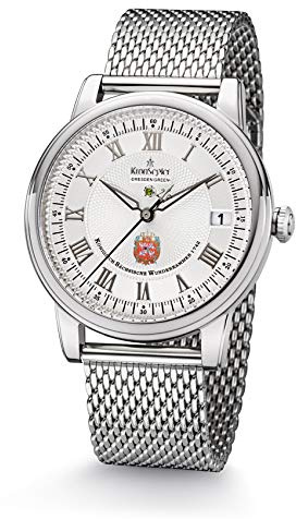 Kronsegler Dresden Green II Herrenuhr Stahl - weiß Milanaise | Edelstahl – Guillochiertes Zifferblatt – Grüner Diamant – silbernes Edelstahlarmband