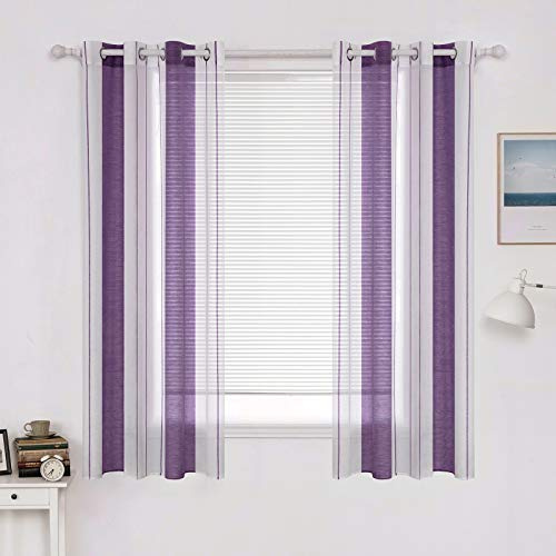 MIULEE Voile Gardinen Lila-Weiß Kurz mit Ösen 2er Set 140x160 cm | Halbtransparenter Voile mit Streifenmuster für Wohnzimmer, Schlafzimmer und kleine Fenster.