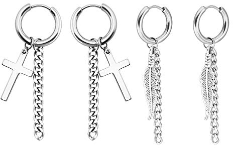 2 Paare Herren Creolen Ohrhänger Damen Kreuz Ohrringe Hoop Feder Ohrringe Kette Hängend Anhänger Ohrstecker Ohr-Piercing aus Edelstahl Titan Silber Jahrgang für Männer, Frauen