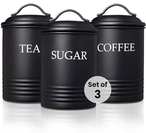 Steelware Central Kitchen Canister Set of 3 Sugar Coffee Tea with lids Food Storage, Black