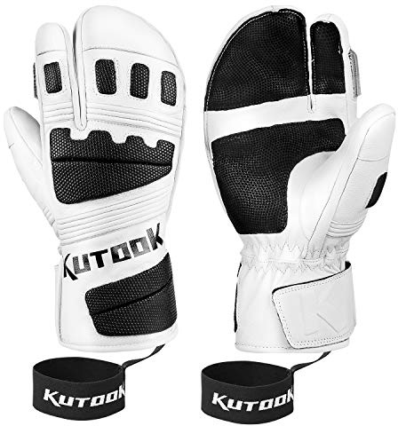 KUTOOK Guantes De Esquí Hombre Mujer Guantes Snowboard Piel Cuero Guantes Invierno Hidrofóbico Cortavientos con Membrana Impermeable 3M Thinsulate(Blanco,L)
