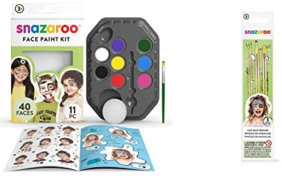 Snazaroo SZ1180102 Rainbow Face Paint Palette Kit & 1192505US Face Paint Brush Set-3 Pcs, Green