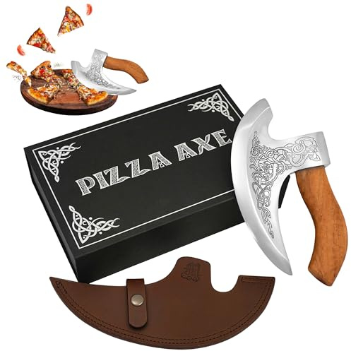 Mythrojan Pizza Axe Cortador de acero inoxidable premium con mango ergonómico y caja de madera, hoja resistente para cortar y picar pizza sin esfuerzo