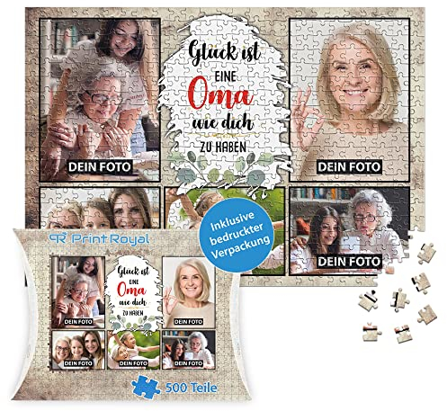 Foto-Puzzle mit 5 Fotos Bedrucken - Glück ist eine Oma wie Dich zu haben - Collagen-Puzzle selber gestalten für die Oma - 500 Teile inkl. hochwertiger Kartonverpackung