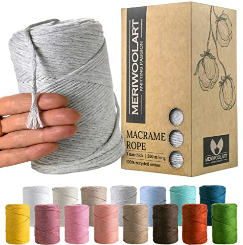 MeriWoolArt Corda Macramè Grigio Chiaro 3mm 200m - Fil di Cotone Colorato - Spago Macrame di Corda Singola - Filato Morbido Macramè Cotone Riciclato Oeko-Tex - Macramè Arredamento per Casa Boho