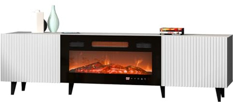 Mirjan24 TV Lowboard Fusbo 180 mit Elektrischem Kamin, Fernsehschrank, Fernsehtisch, Unterschrank, Realistische LED-Flamme, Board, Schrank, TV-Bank (Weiß)