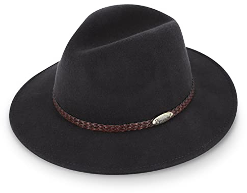 fiebig Casual Traveller Wollfilzhut | Crushable & Waterproof Rollhut mit geflochtener Lederbandgarnitur (59-L, Anthrazit)