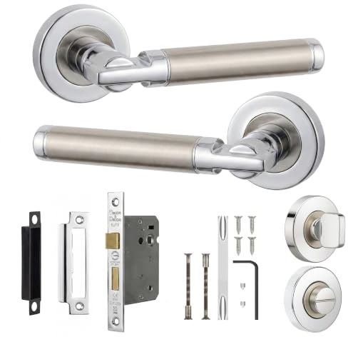 Decoranddecor Chrome Bathroom Door Handles with Lock and Turn | Door Handles Internal, Privacy Turn, Fire Rated Lock, Thumb Turn Privacy, En Suite Cloakroom Doors, Interior Lever Handles
