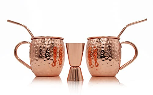 NUBAR Moscow Mule Cocktail Set - Set of 2 Premium Copper Mugs with Copper Jigger and Straws - Reusable Barware and Bartender Set