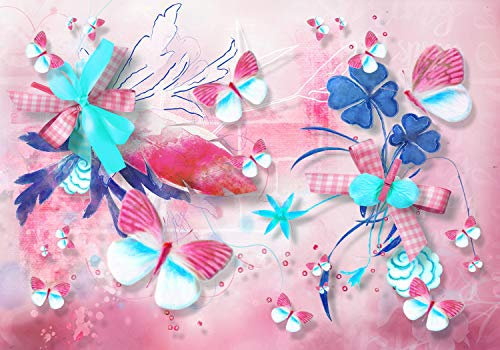 wandmotiv24 Fototapete Rosa Schmetterlinge, 200 x 140cm - selbstklebende Strukturtapete, Wanddeko, Wandbild, Wandtapete, Blumen Aquarell, Blau M2104
