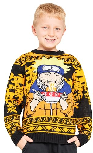 NARUTO Jersey Navideño Niños Anime - Suéter Oficial Navideños, Tallas 9 a 16 Años - Regalos Sudadera Niño (Negro/Amarillo, 9-10 años)