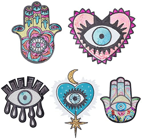 INFUNLY 5 Stück Evil Eye Pailletten-Patches Herz Evil Eyes Applikation Patch Stickerei Eisen Auf Patches Für Kleidung Bunte Große Applikation Patch Für DIY Nähen Jeans Handtaschen Jacke Rucksack Hut