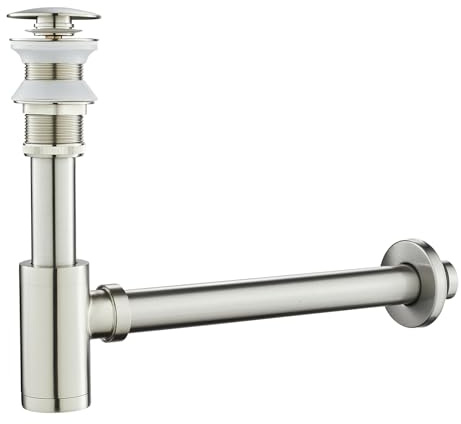 KINKIBOS Siphon avec Bonde sans Trop-plein, Laiton Universel Design Siphon Anti-Odeur pour Lavabo, Siphon Pop-Up, Bonde Vidage Syphon, Nickel Brossé | Siphon design réglable en hauteur, siphon design 1 1/4 x Ø 32 mm avec bonde pour lavabo