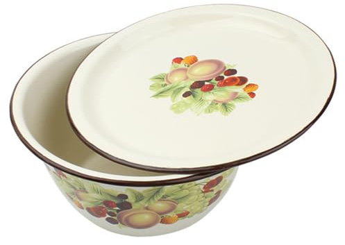 OUNONA Vintage Emaille Schüssel 3L mit Deckel Emaillierte Aufbewahrungs und Servierschüssel Retro Küchenbehälter für Salat und Obst
