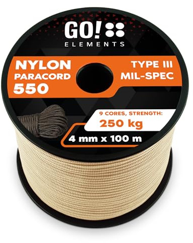 GO!elements Paracord de Nylon Resistente al desgarro 4mm – 550 Tipo III, línea Gruesa Multifuncional Adecuada como Yute, Carga máx. 250kg