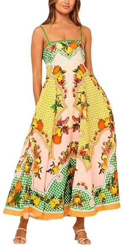 YAODAMAI Robe à Bretelles pour Femmes imprimée Fruits Robe balançoire sans Manches pour Femmes en Vacances