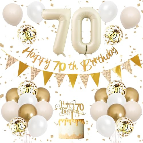 70th Birthday Decorations Sand White Gold,Happy 70th Banner with Cake Toppers,Confetti Balloons,Beige Number 70 Balloons for Women Men Birthday Party