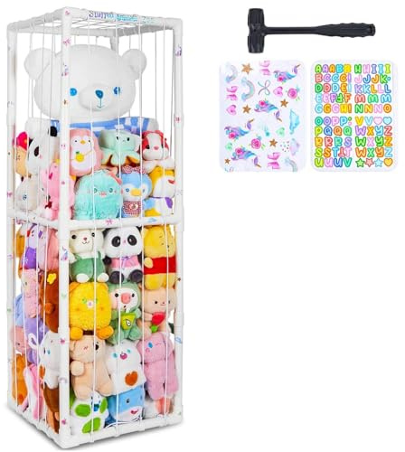 FIOBEE Stuffed Animals Storage Zoo Thicken PVC Tube Storage Organizer with Elastic Band Large Stuffed Animals Holder for Bedroom Living Room Furniture Plush Storage, White