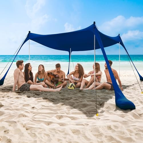 DISHENGZHEN Tenda da Spiaggia, Tenda da Sole Portatile UPF50+ con 4 Pali in Alluminio, Facile da Montare per la Spiaggia e all'Aperto 10x10x6.5ft Blue