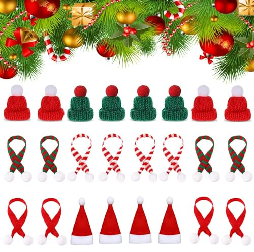 Scinzene Mini Mützen Zum Basteln, Set aus 24 Mini Weihnachtsmützen, Ideal für Sorgenwürmchen, Marshmallow-Dekorationen, DIY-Projekte, Puppenhäuser und Weihnachtsfeiern