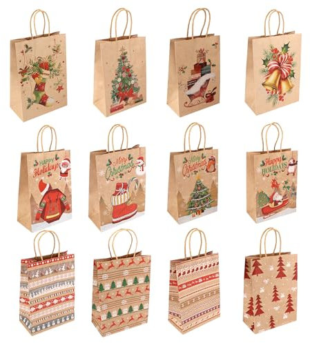 Geschenktüten Weihnachten, 12 Stück Weihnachtstüten zum Befüllen Mit Henkel, Papiertüten für Geburtstagssüßigkeiten, Partys, Hochzeiten (12 Stile, 21x15x8cm)