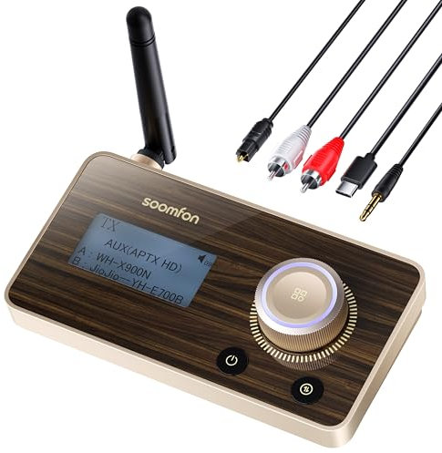 SOOMFON aptX LL & HD Bluetooth 5.2 Sender Empfänger, 3-in-1 HiFi Bluetooth Adapter Transmitter Receiver für TV, Stereoanlage & Kopfhörer, Lautstärke Regeln, Duale Verbindung, Aux/Optisch/RCA